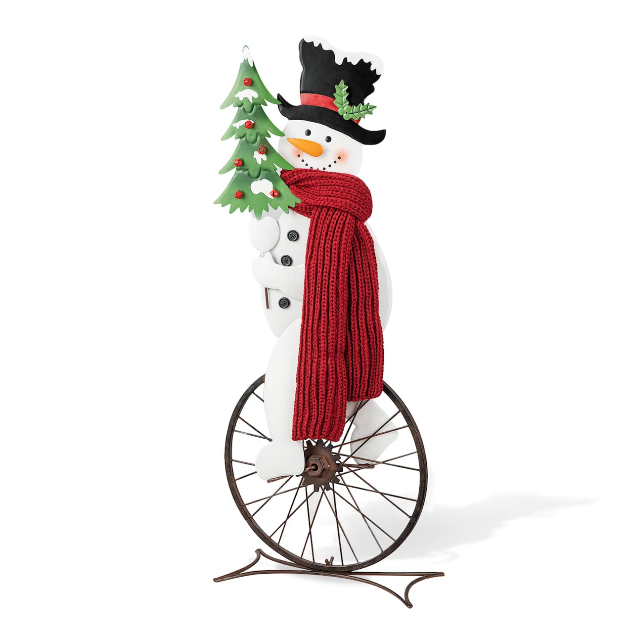 Glitzhome&#xAE; 32&#x22; Metal Snowman Riding Bike Porch D&#xE9;cor